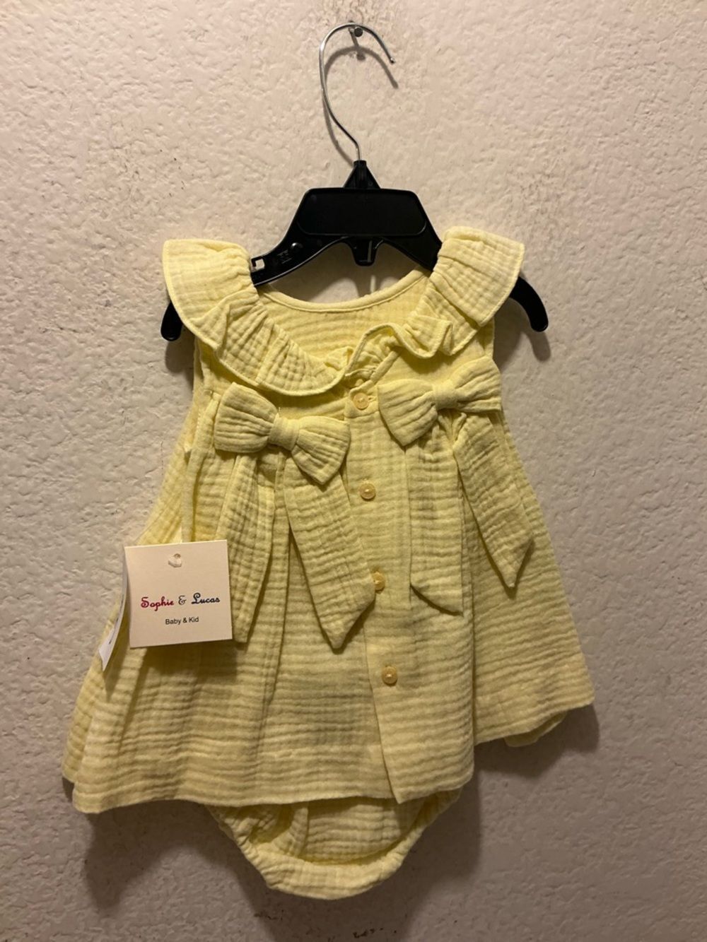 Sophie & Lucas Pale Yellow Baby Dress Romper with Bows